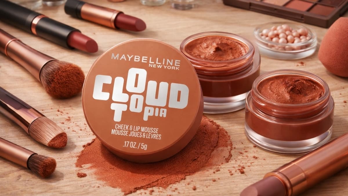 Maybelline Cloudtopia Cheek & Lip Mousse Blush in terracotta shade with open jars and makeup brushes on wooden vanity surface