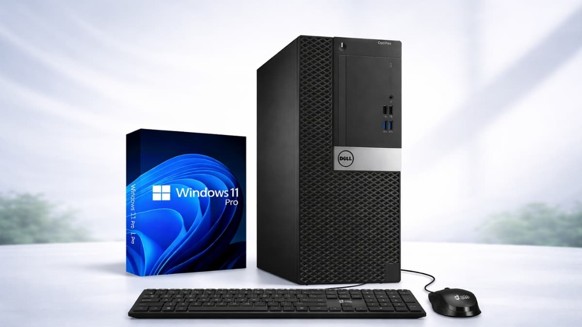 Dell OptiPlex tower desktop PC with Windows 11 Pro box, keyboard, and mouse on desk