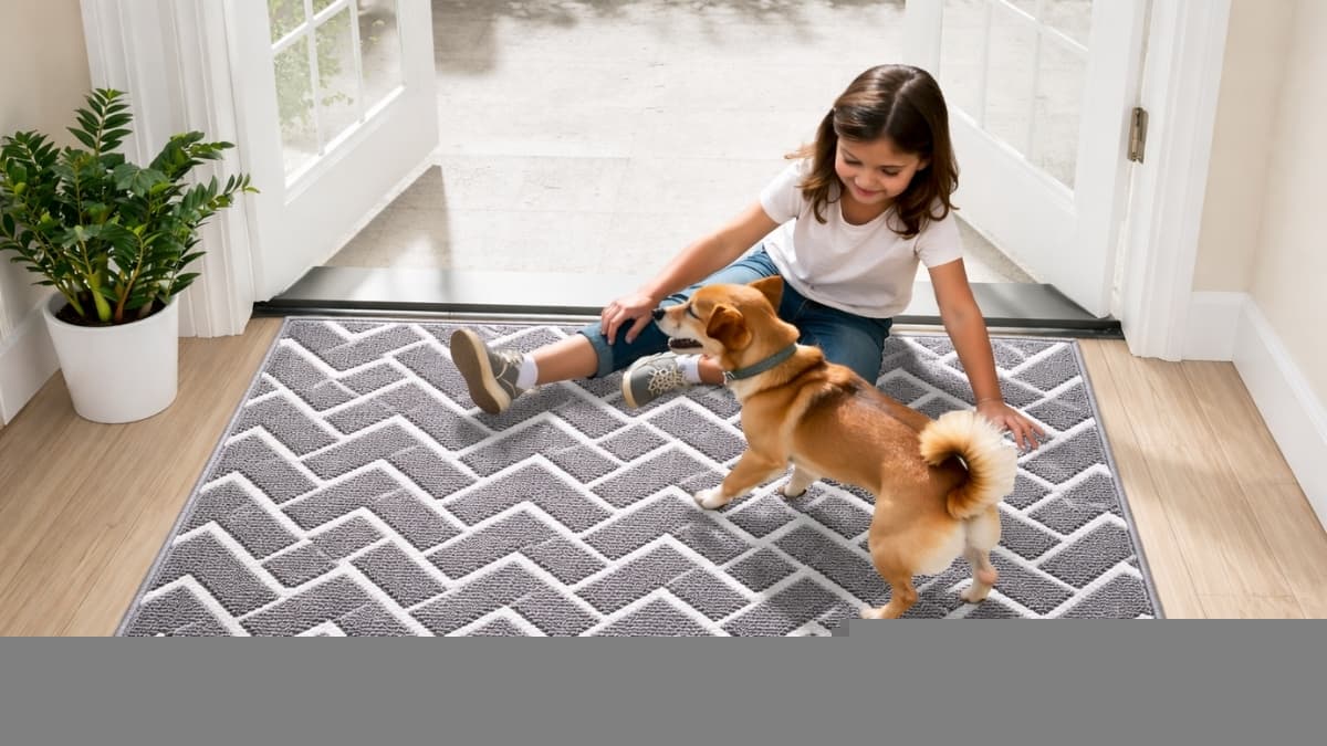 Child playing with dog on gray OLANLY front door mat inside bright entryway with non-slip design