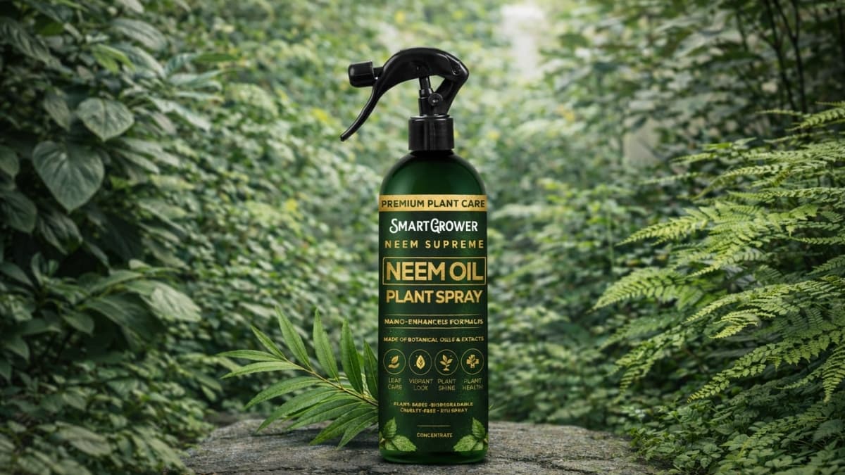 Neem Oil Plant Spray bottle by Smart Grower placed on a stone surface surrounded by lush green garden foliage.