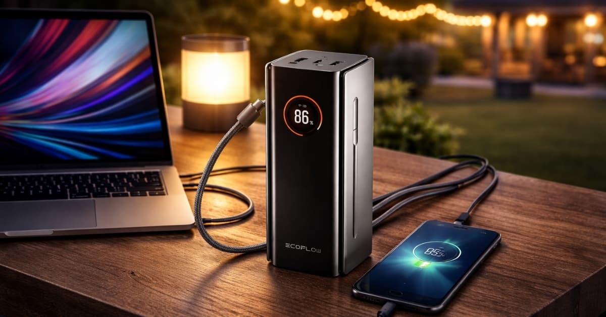 EcoFlow RAPID Pro Power Bank charging laptop and smartphone outdoors at night with 300W portable power and LED battery display