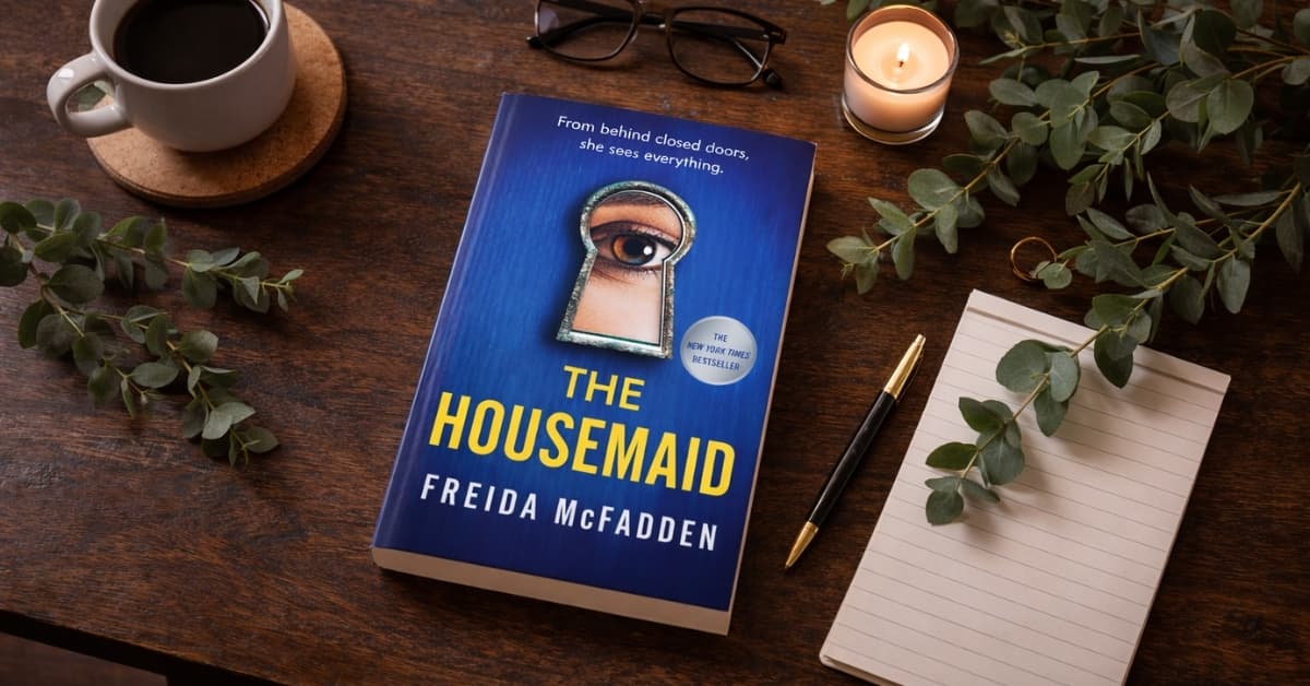 The Housemaid by Freida McFadden book on wooden desk with coffee and notebook