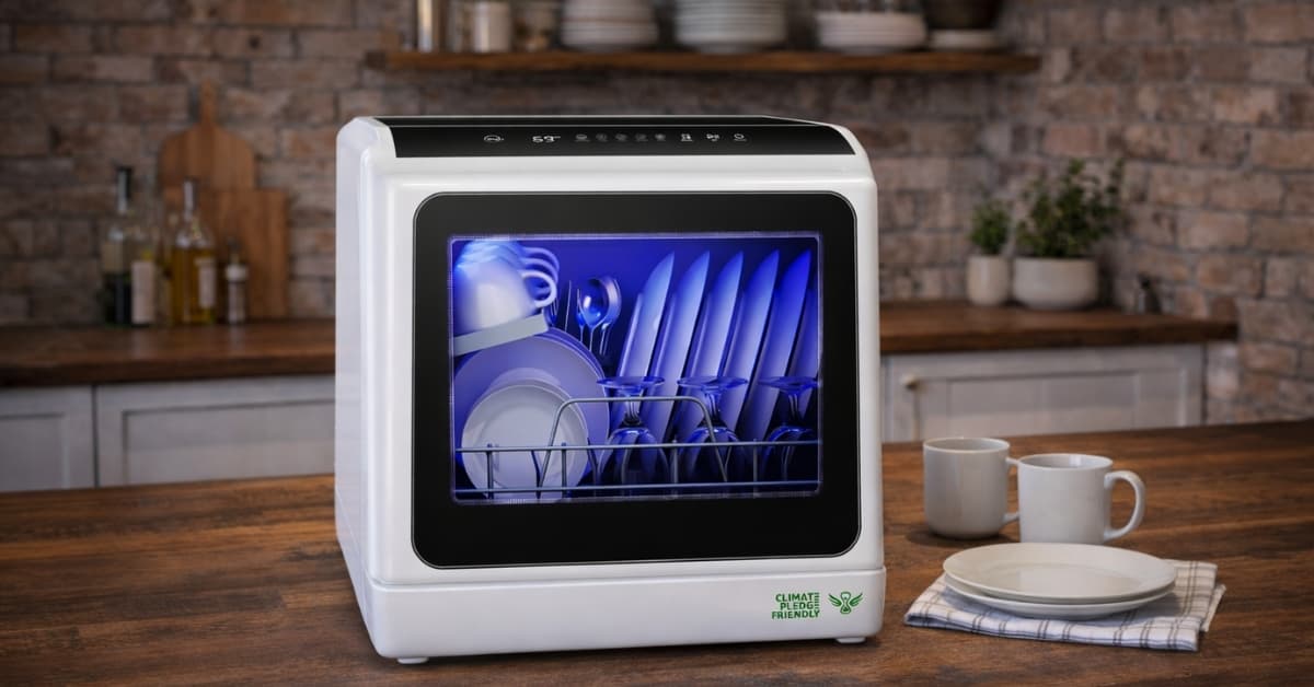 EUHOMY Countertop Dishwasher on kitchen counter with plates, cups, and blue interior lighting