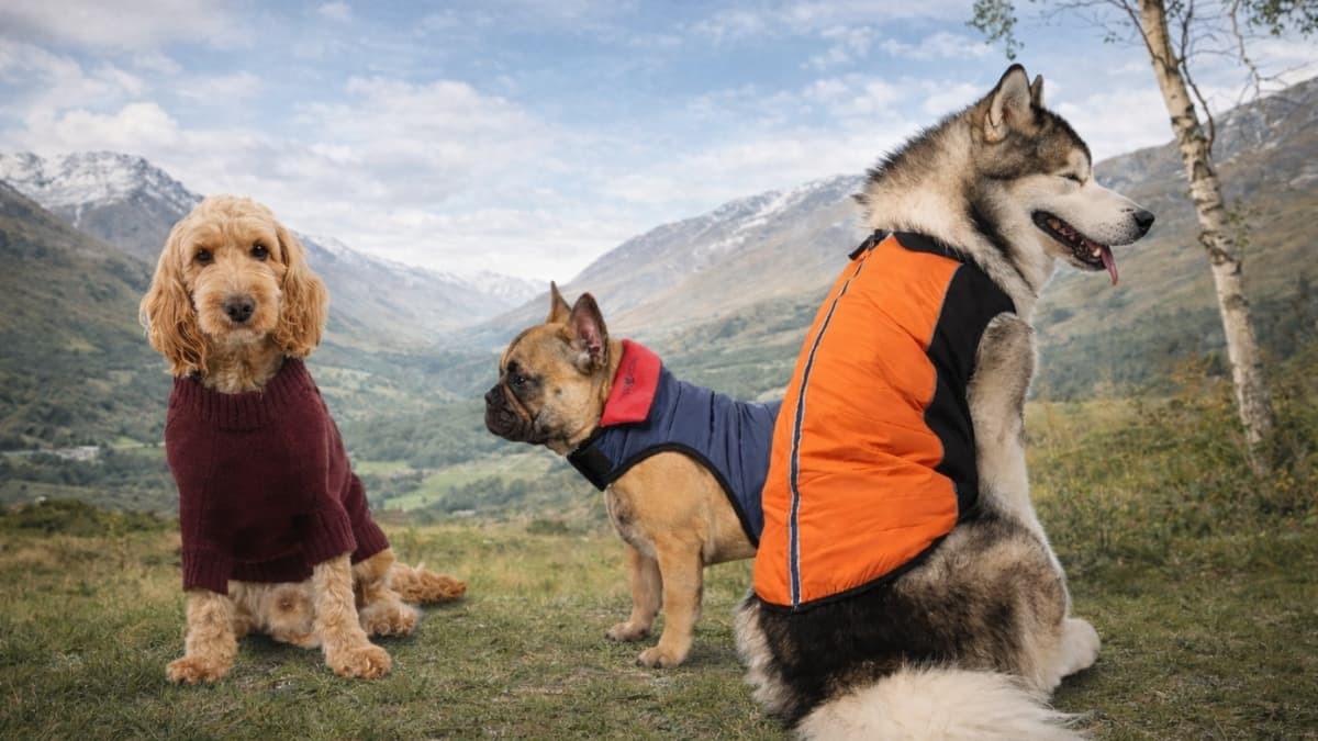 Three dogs wearing Trespaws outdoor dog jackets during a mountain hike in cool weather