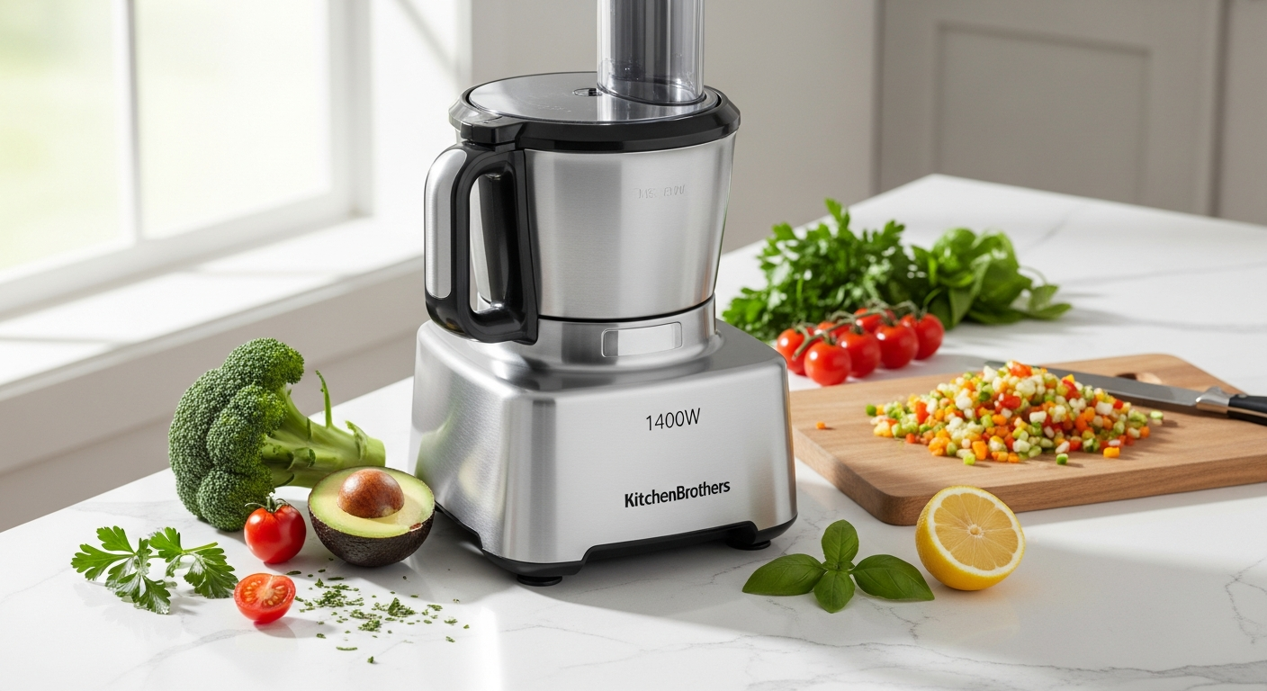 KitchenBrothers Food Processor Mixer with 1400W motor displayed on modern kitchen countertop