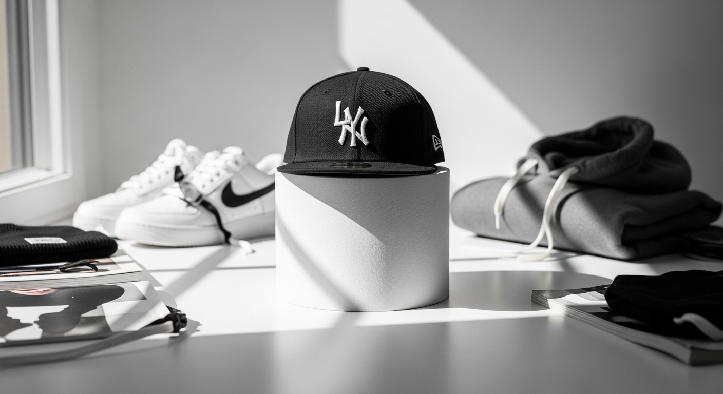 New Era 59Fifty fitted cap displayed on mannequin head showing structured crown and flat visor design