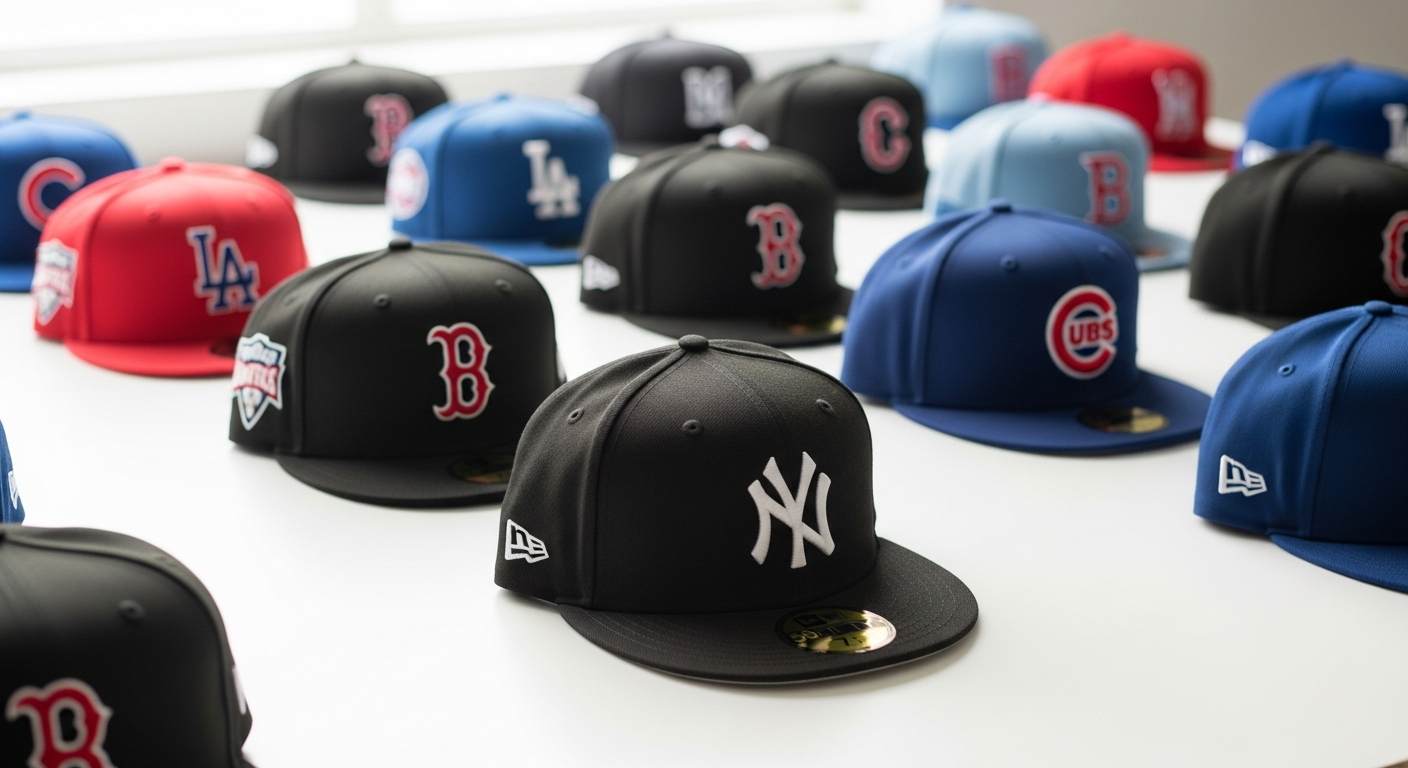 New Era 59Fifty fitted baseball cap collection display showing multiple team editions and vintage releases