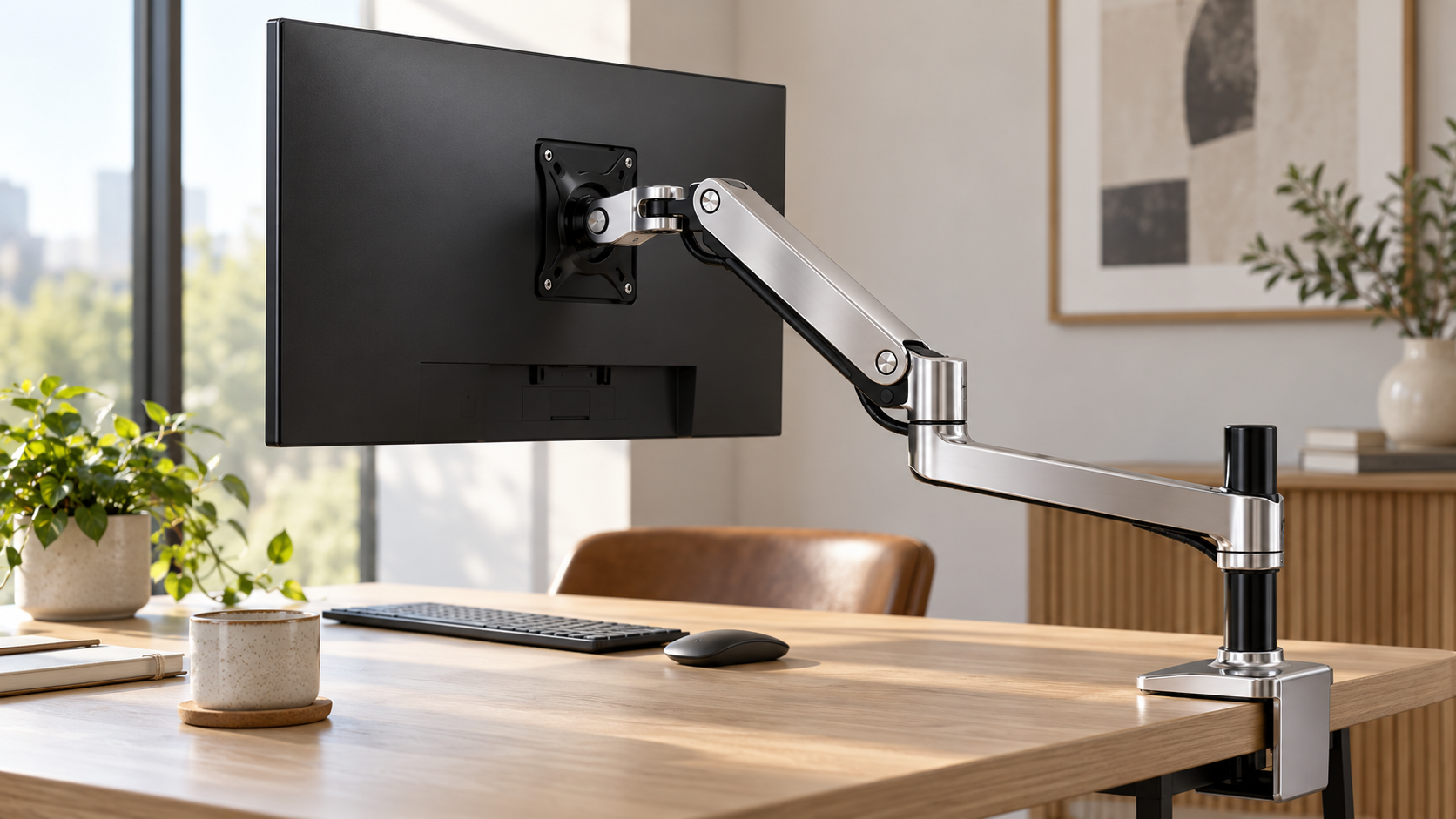 Ergotron LX Desk Monitor Arm in polished aluminum supporting a widescreen monitor on a modern wooden desk in a minimalist home office setup.