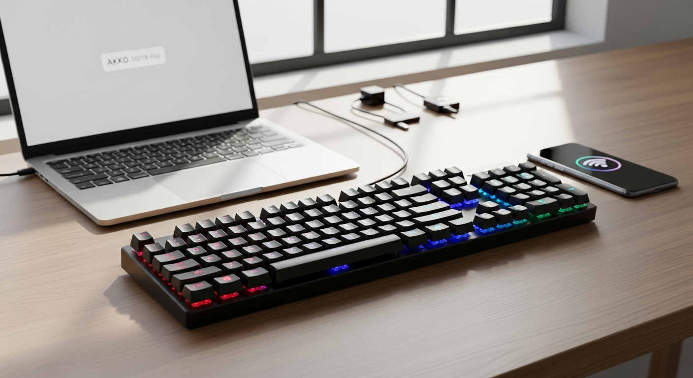 Akko 5075B Plus mechanical keyboard with tri-mode connectivity and rotary knob displayed