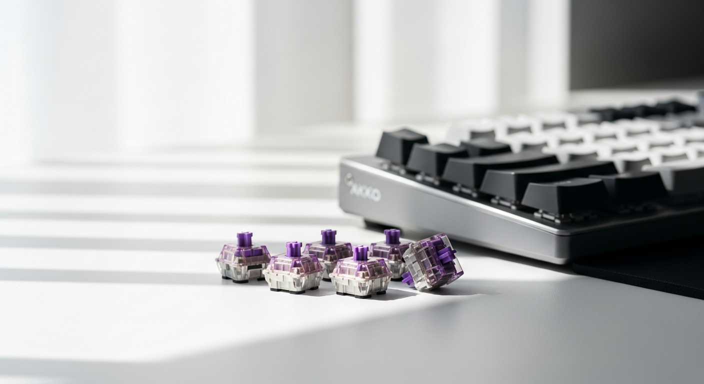 Akko V3 Pro Lavender Purple mechanical keyboard switches displayed with detailed specifications and features