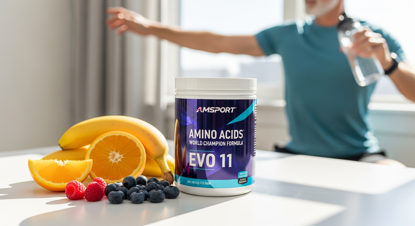 AMSPORT Amino Acids World Champion Formula EVO 11 supplement powder container with peptide technology