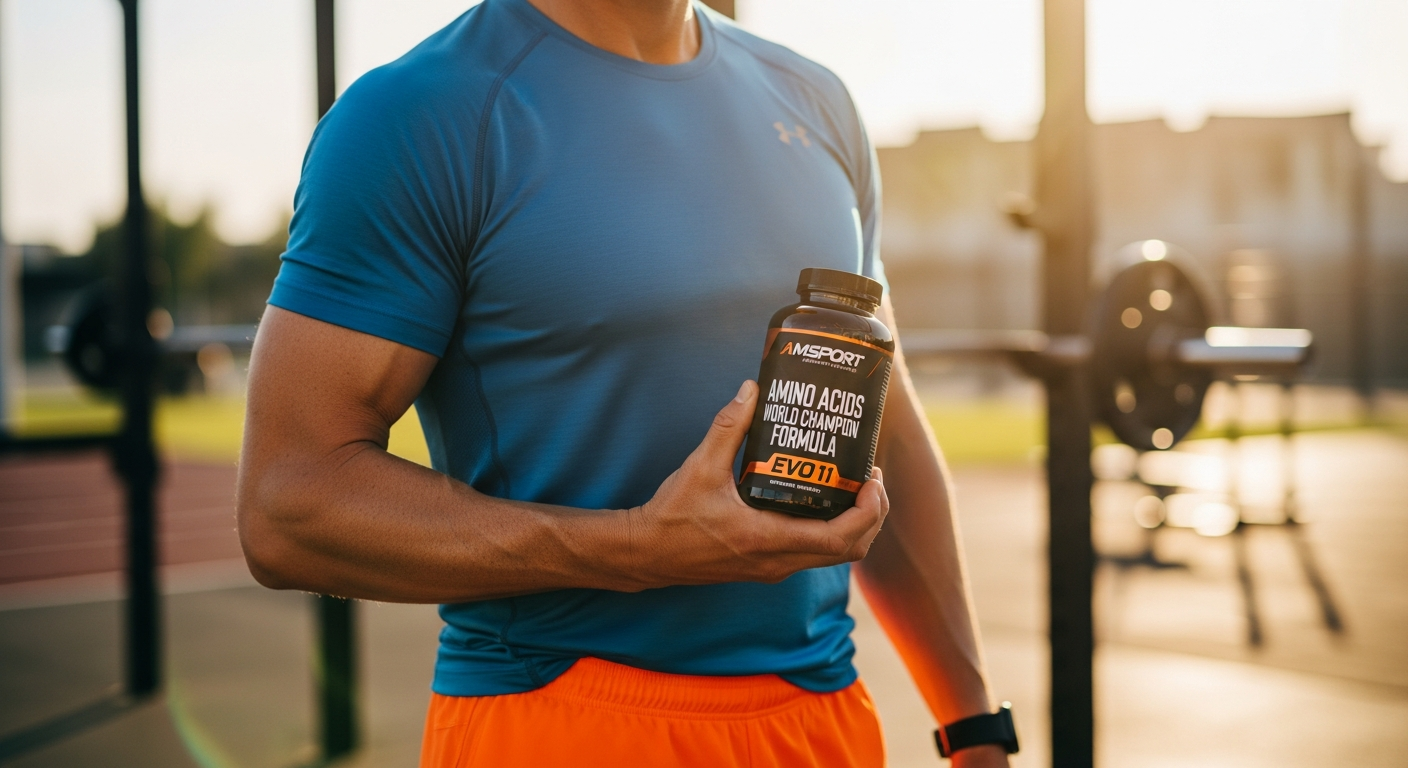 AMSPORT Amino Acids World Champion Formula EVO 11 supplement container with amino acid molecular structure background