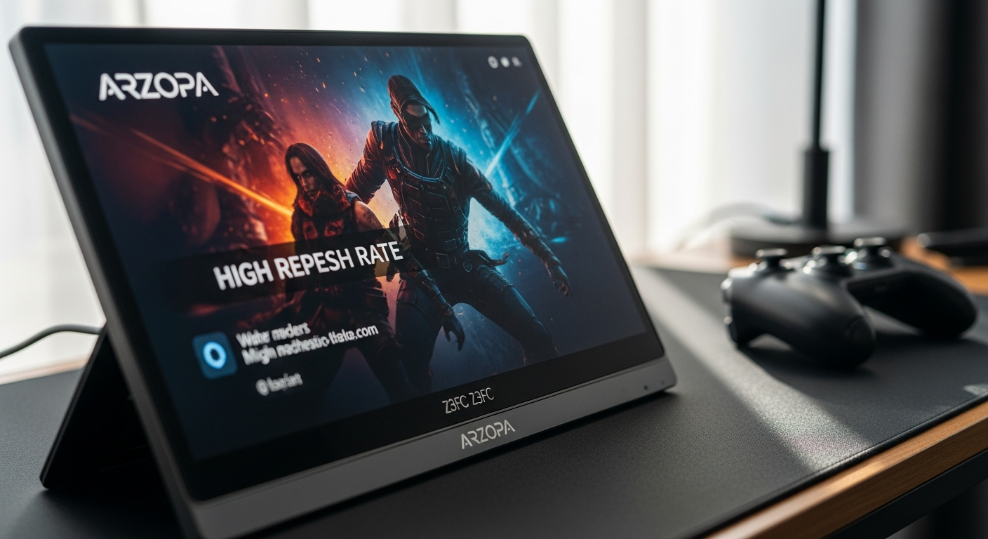 ARZOPA Z3FC 16.1 inch 2.5K 180Hz portable gaming monitor displayed with PS5 controller