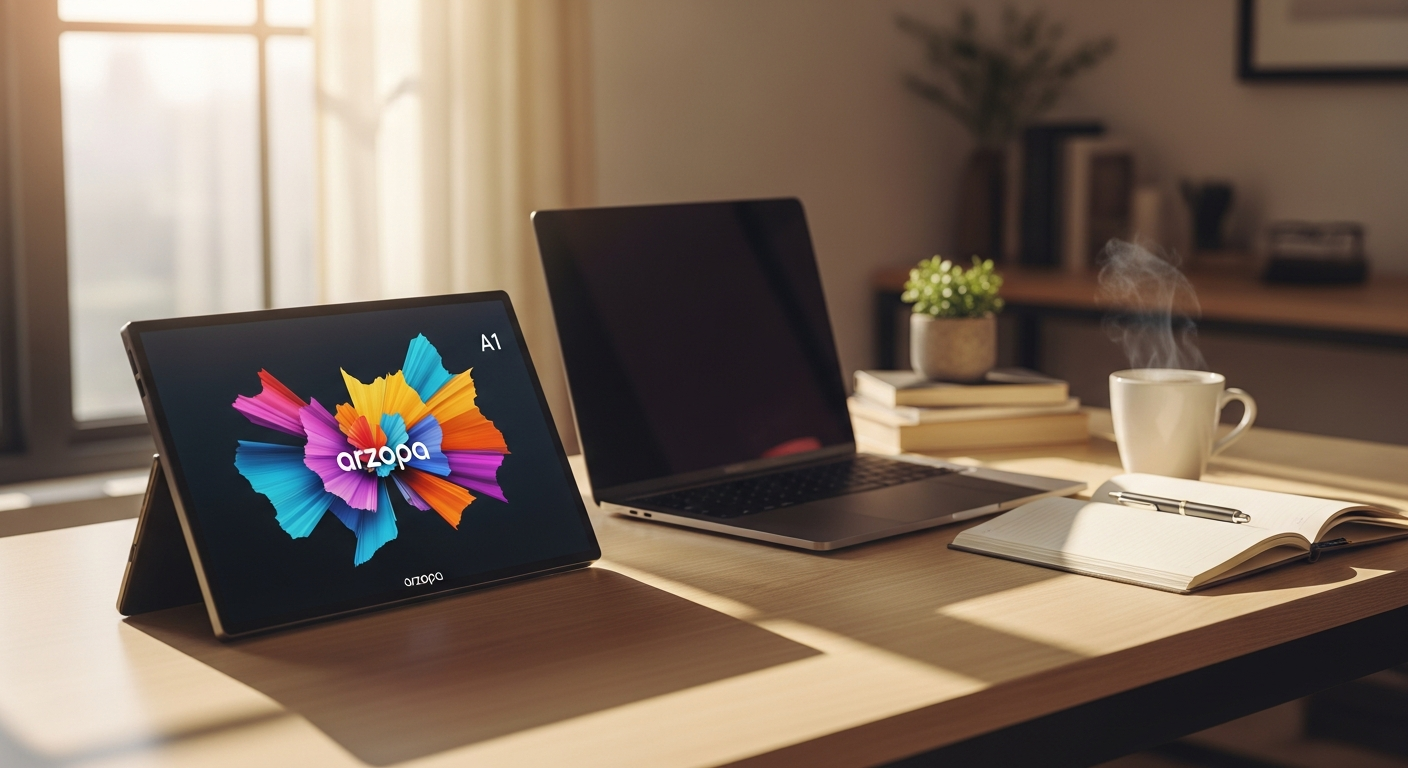 Arzopa A1 Gamut portable monitor displaying Full HD content on a desk workspace setup