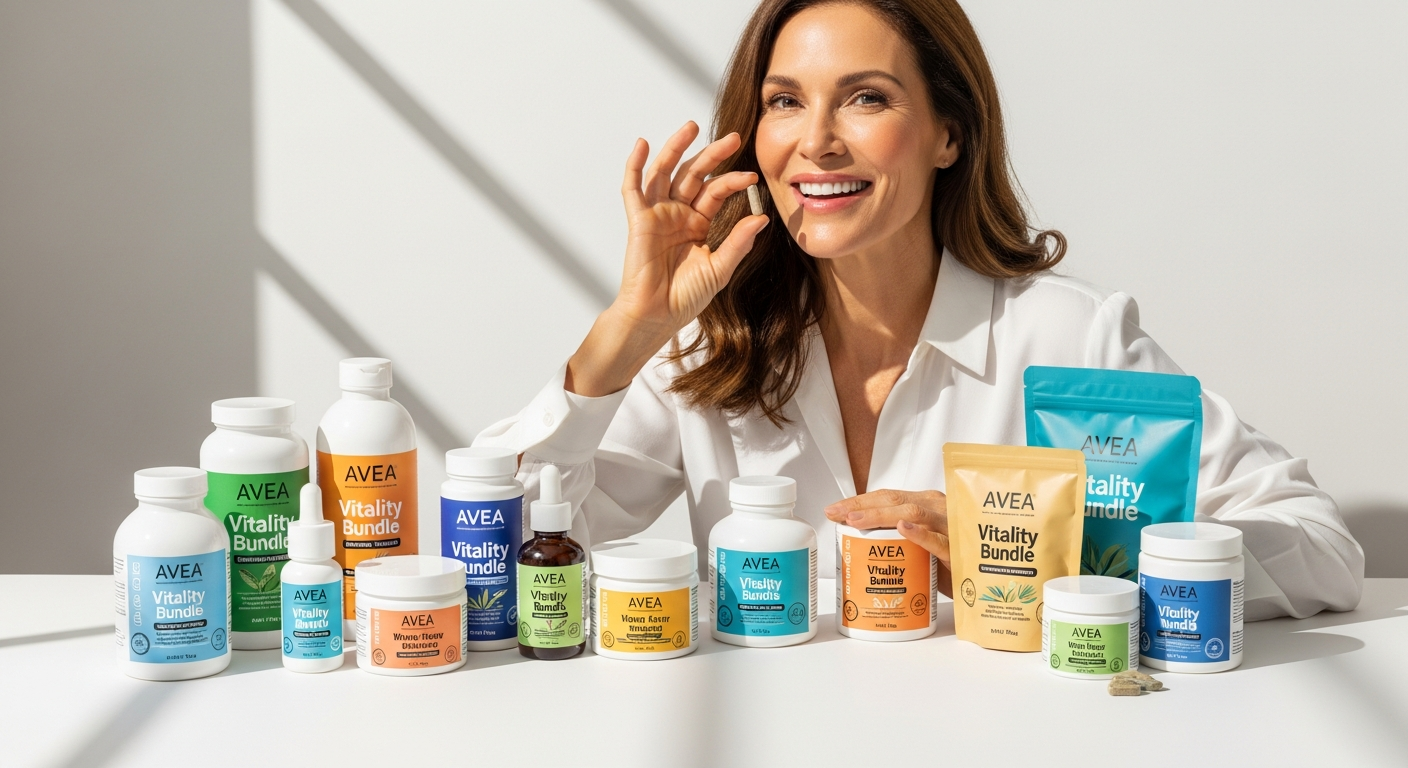 AVEA Vitality Bundle supplement bottles with NMN and antioxidant ingredients displayed on white background
