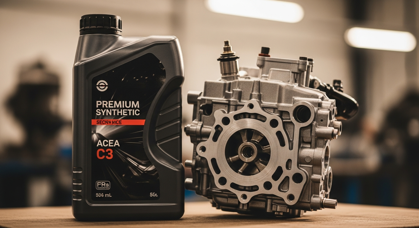 Modern European diesel engine with DPF system and ACEA C3 compliant synthetic oil bottle