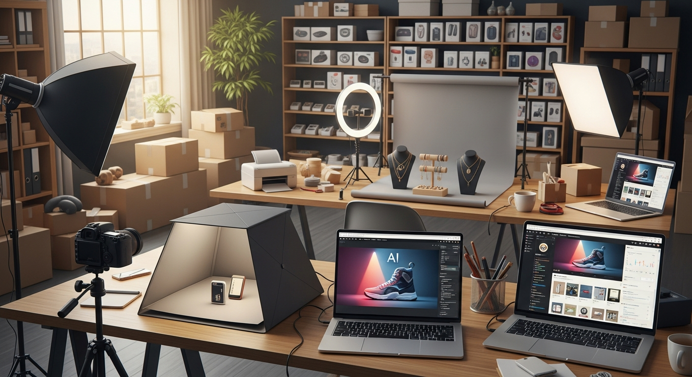 E-commerce seller using AdCreative.ai platform to generate multiple product photo variations for scaling ad creative production