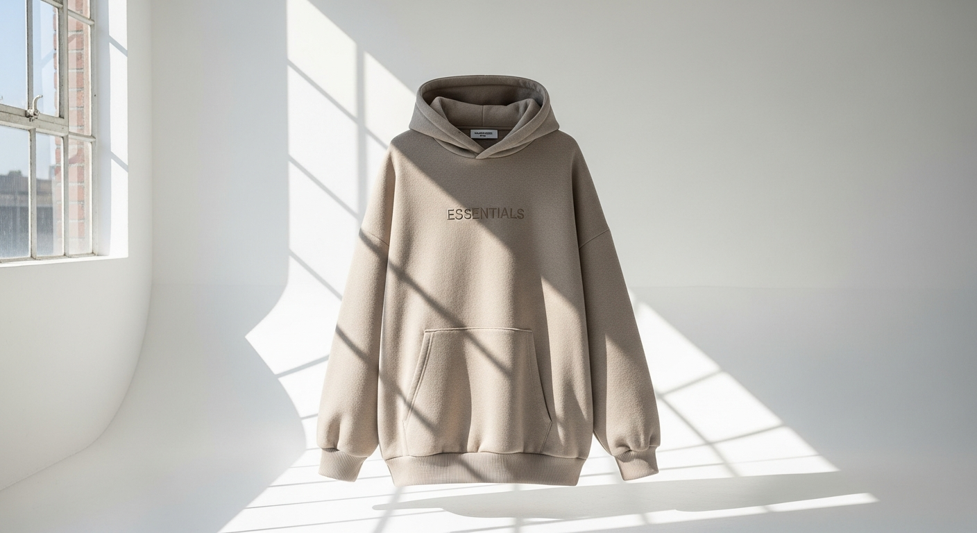 Fear of God Essentials Fleece Hoodie in Light Oatmeal displayed on neutral background