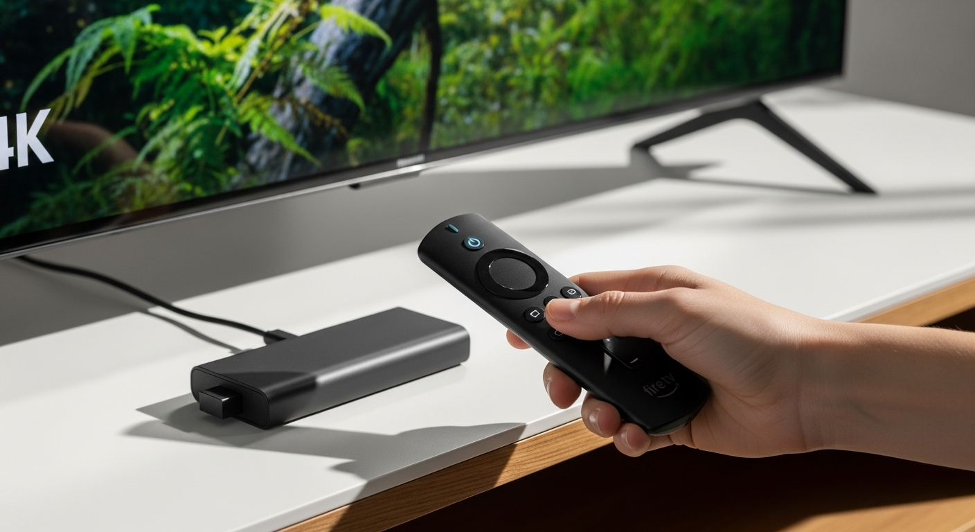 Amazon Fire TV Stick 4K streaming device with Alexa remote control displayed on white background