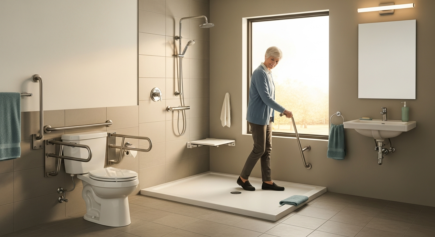 American Standard Champion 4 toilet in modern accessible bathroom with grab bars and non-slip flooring