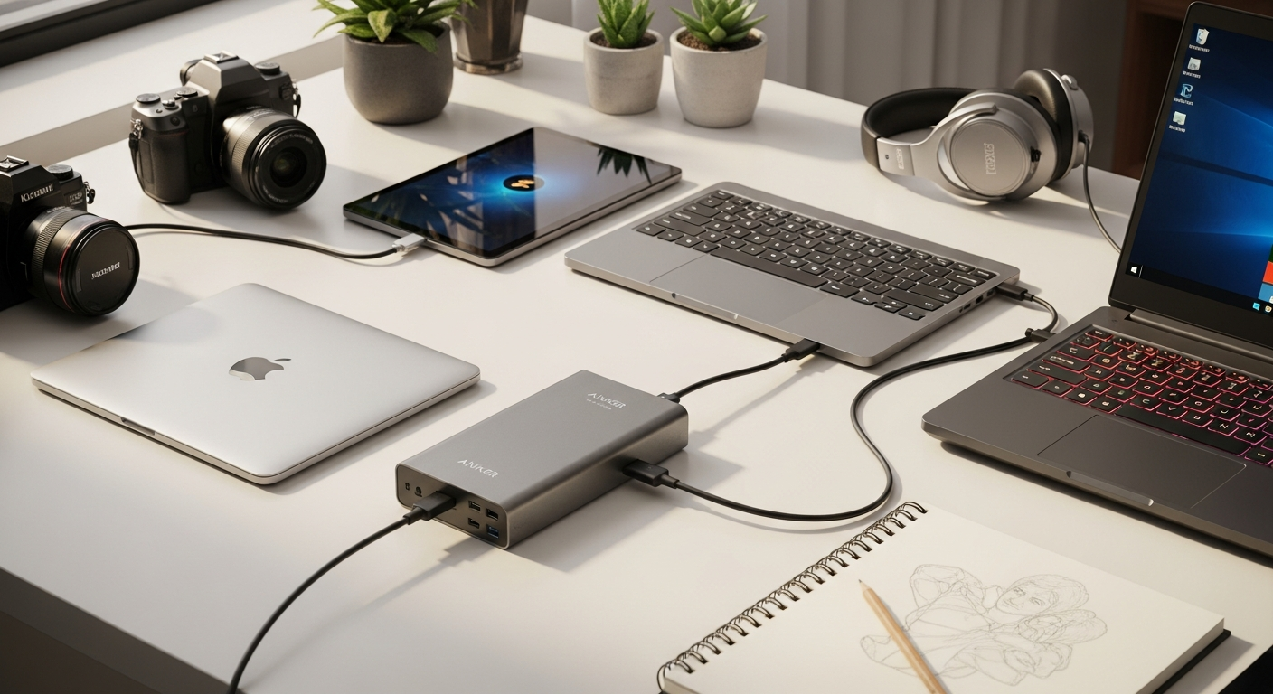 Anker Prime Power Bank 26K 300W with dual USB-C ports and OLED display showing charging output
