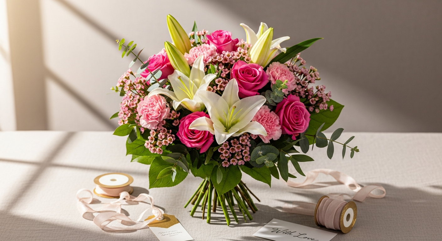 Simply Pink Rose and Lily hand-tied bouquet with fresh pink roses and elegant white lilies