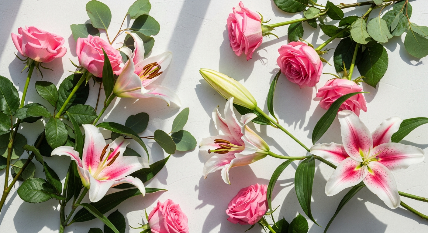 Pink Athena roses and white oriental lilies in elegant hand-tied bouquet arrangement