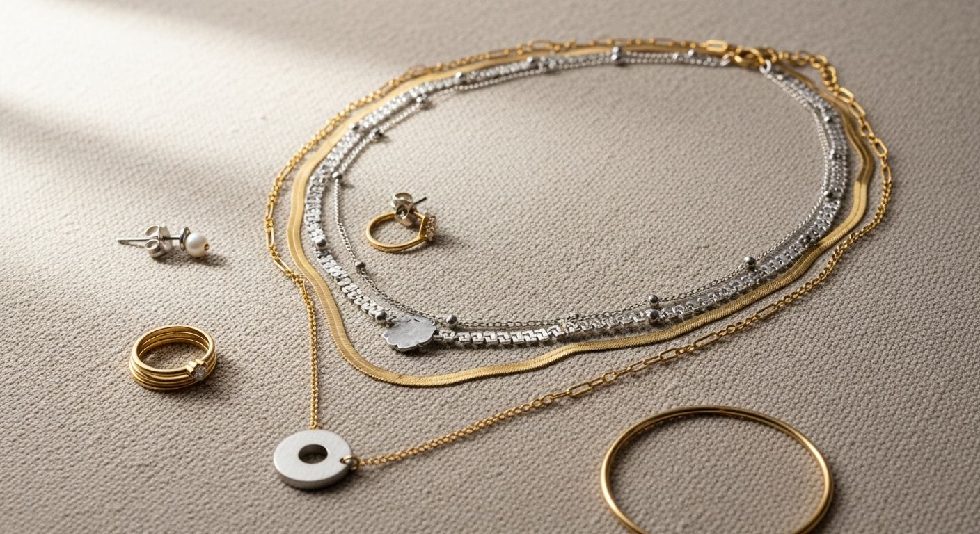 Artizan Joyeria Herradura mixed-metal layered necklace set with gold and silver chains displayed together