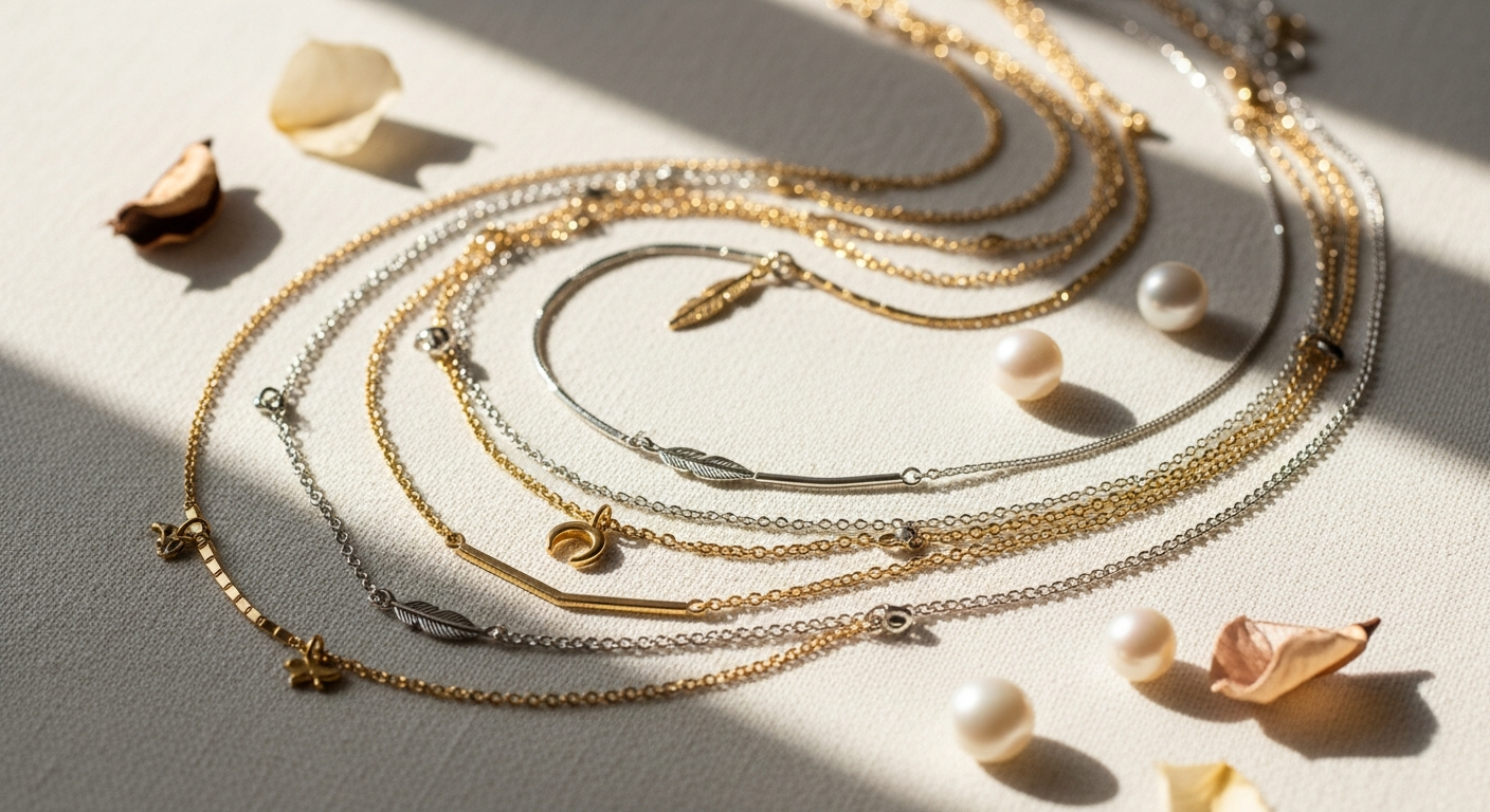 Layered gold-plated necklace set displayed on white background showing multiple chain lengths