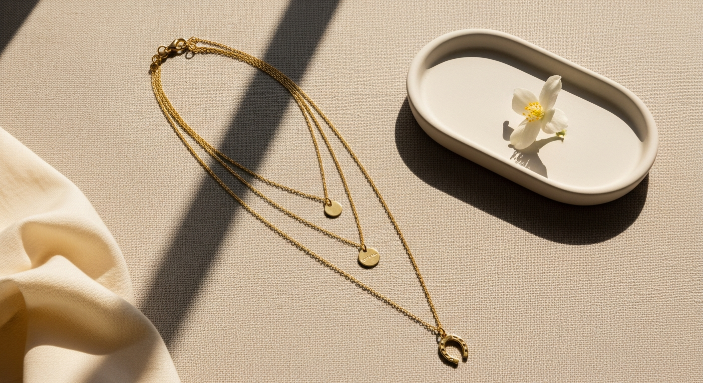 Layered stainless steel necklace set with gold and rhodium plating displayed on neutral background