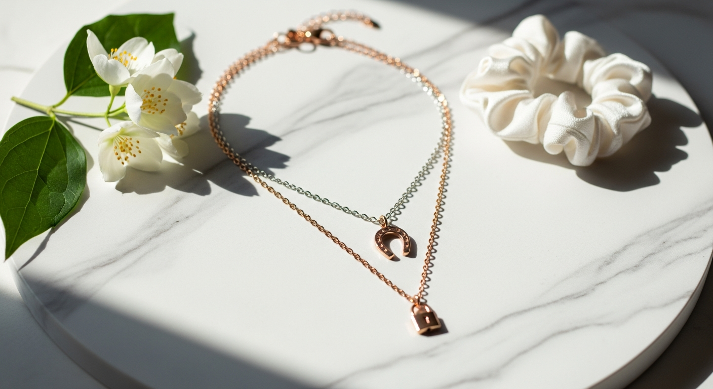 Herradura Lock Layered Necklace Set featuring gold-plated chains with horseshoe and lock pendant details