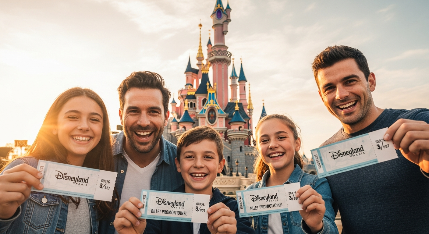 Colorful Disneyland Paris castle entrance with magical fireworks and happy visitors celebrating