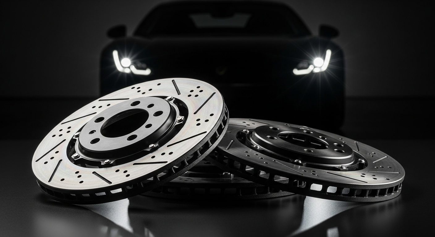 High-performance automotive brake discs displayed with vented and perforated designs showing thermal cooling technology