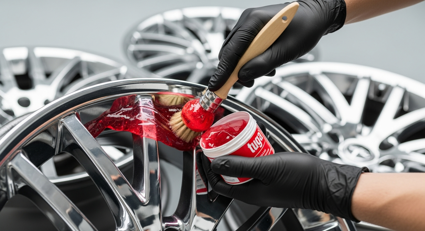 Professional detailer applying Tuga Chemie Alu-Teufel gel cleaner to a chrome vehicle rim for flawless cleaning results