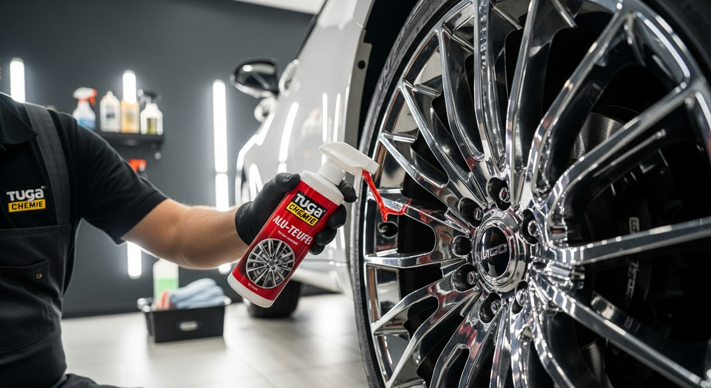 Professional detailer applying Tuga Chemie Alu-Teufel gel wheel cleaner to a shiny alloy rim with color-change indicator