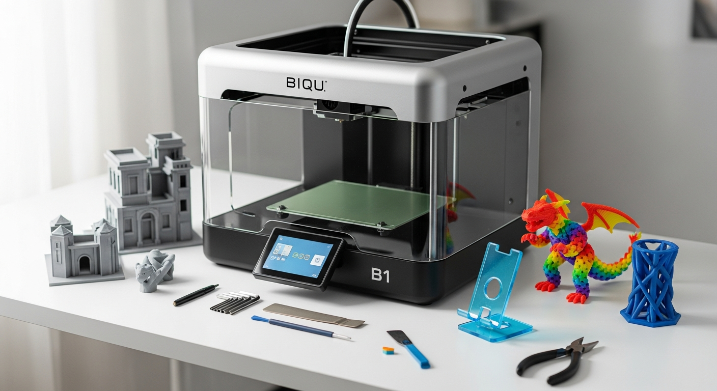 BIQU B1 FDM 3D printer with touchscreen display and heated build plate in maker workspace