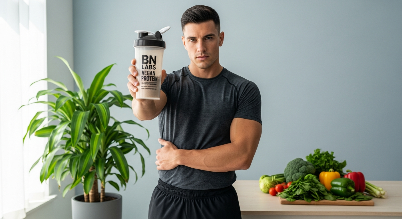 BN Labs Organic Vegan Protein Powder container with plant-based ingredients and athletic performance benefits displayed