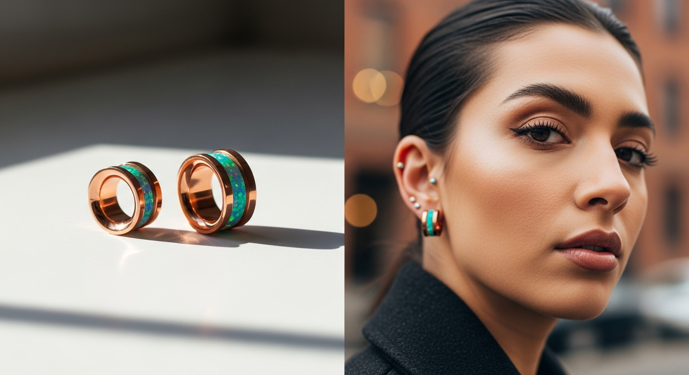 PVD rose gold opal screw fit tunnels with iridescent cubic zirconia inlay for stretched ear jewelry