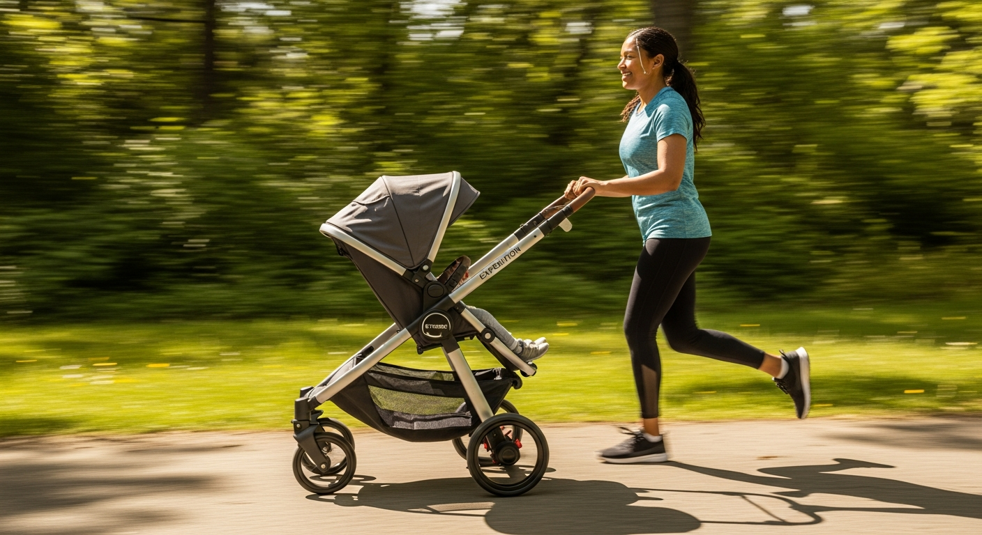 Baby Trend Expedition Jogger Stroller with all-terrain tires on outdoor trail