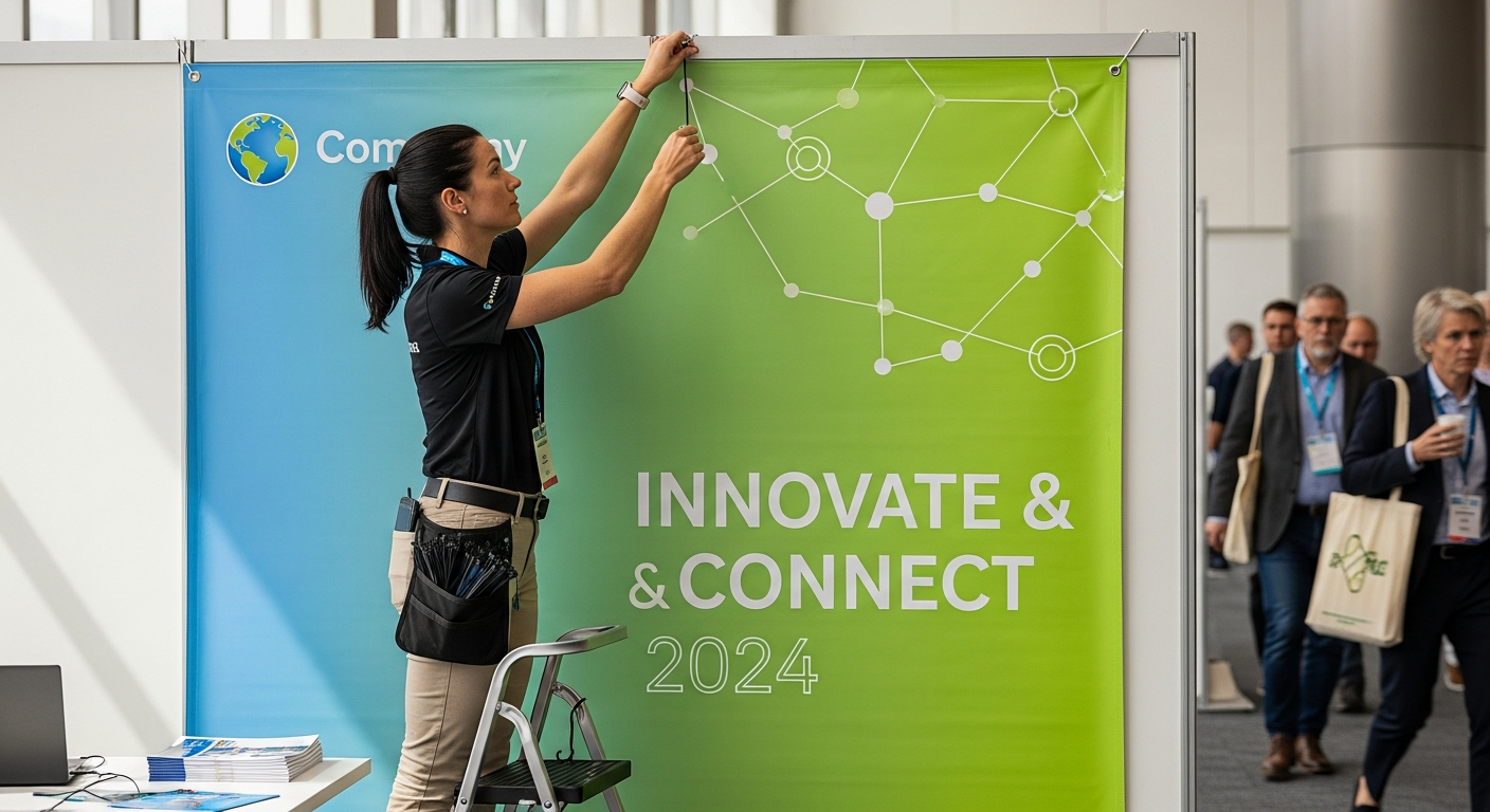 Custom vinyl banner displayed at a professional trade show booth with vibrant graphics and clear messaging