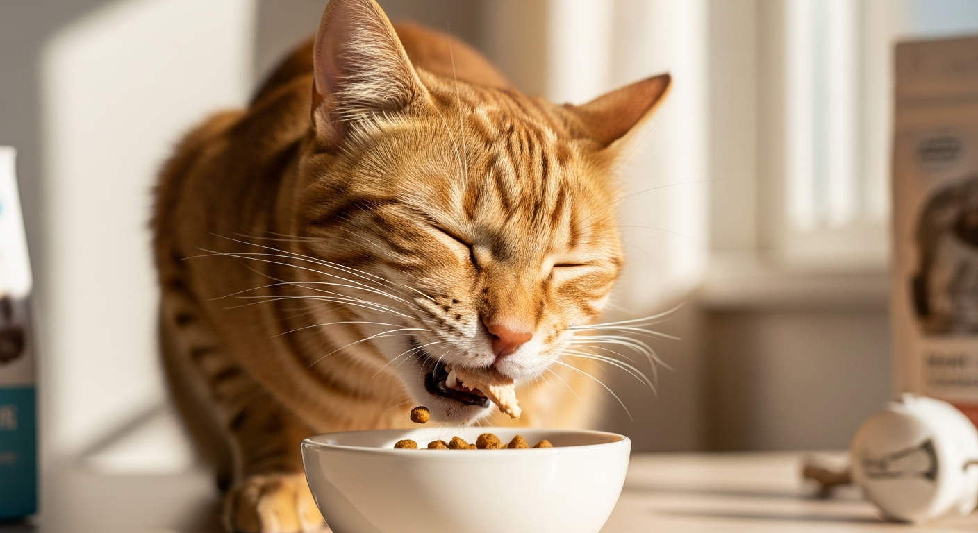 Meowing Heads Paw Lickin' Chicken cat food wet and dry formats displayed with fresh chicken and beef ingredients