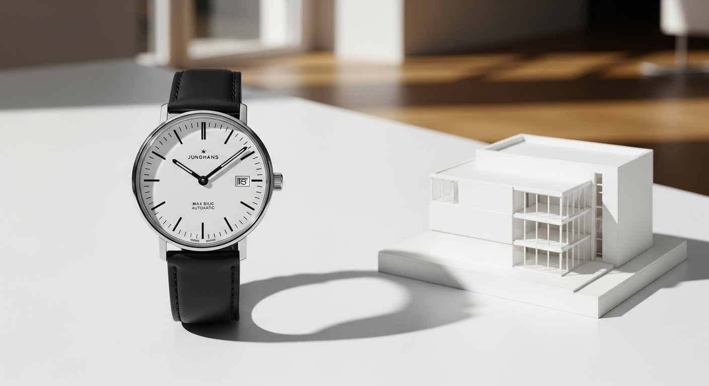 Junghans Max Bill Automatic Bauhaus Watch with minimalist dial and domed Hesalite crystal on leather strap
