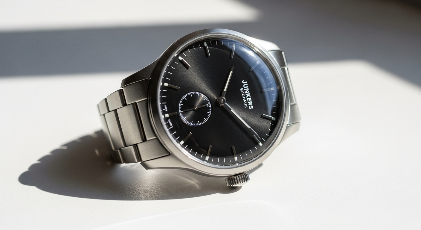 Junkers Bauhaus 6050-5 automatic watch with cream dial and leather strap displayed on wrist