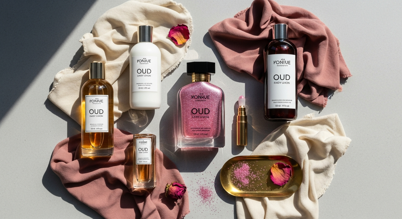 Maison Alhambra Pink Shimmer Secret Oud perfume bottle with floral and oud fragrance notes