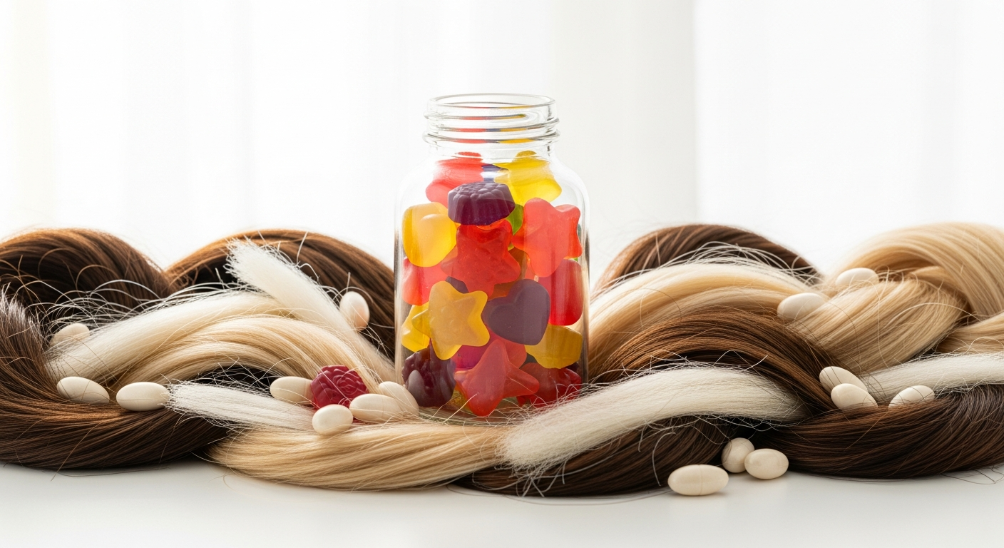 Ah-mazing Hair Vitamins Gummies bottle displayed with vibrant berries and healthy hair strands