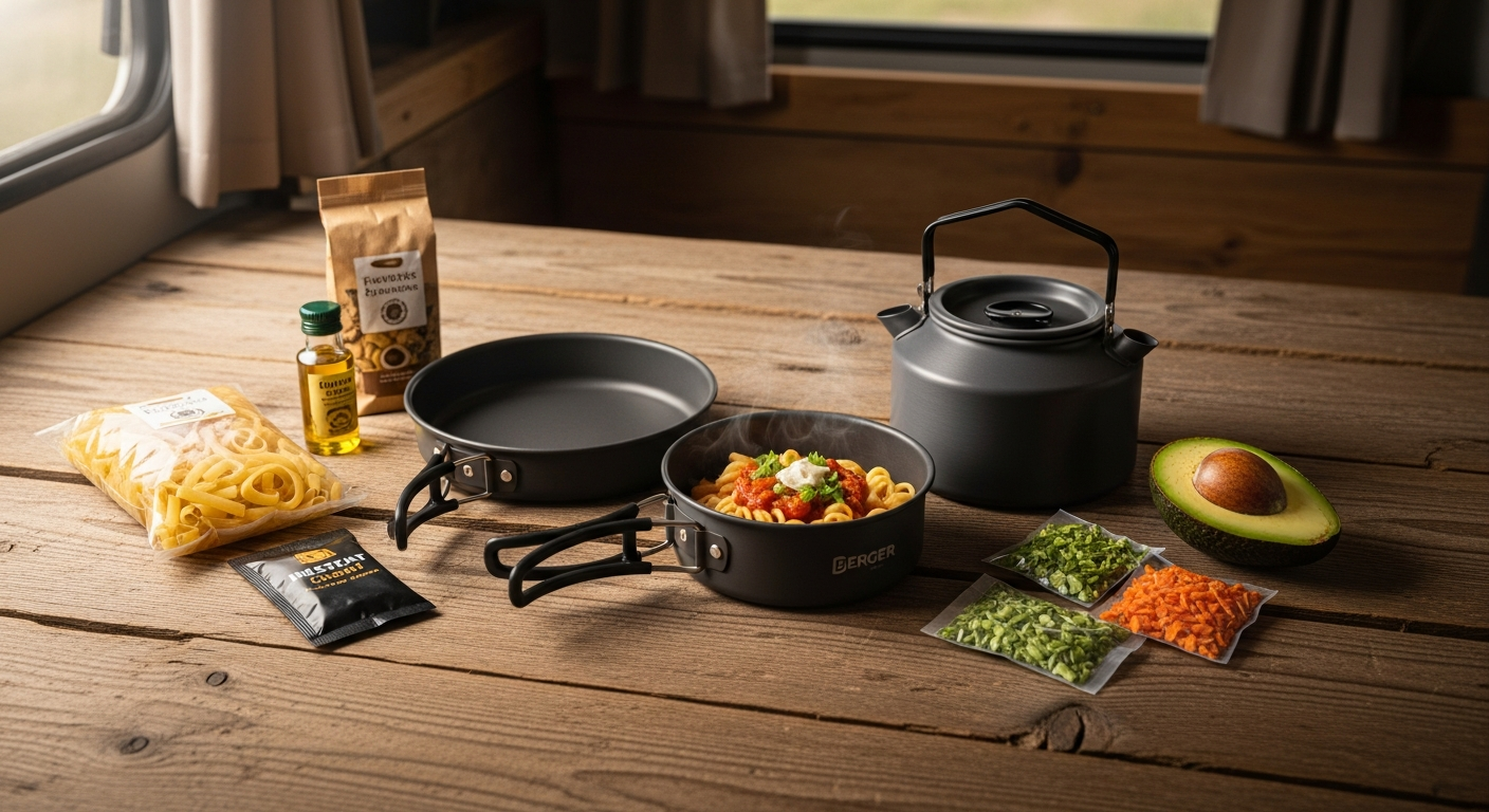 Berger Stone Rock 3-Piece Camping Cookware Set displayed with pot, lid, and sieve components stacked together