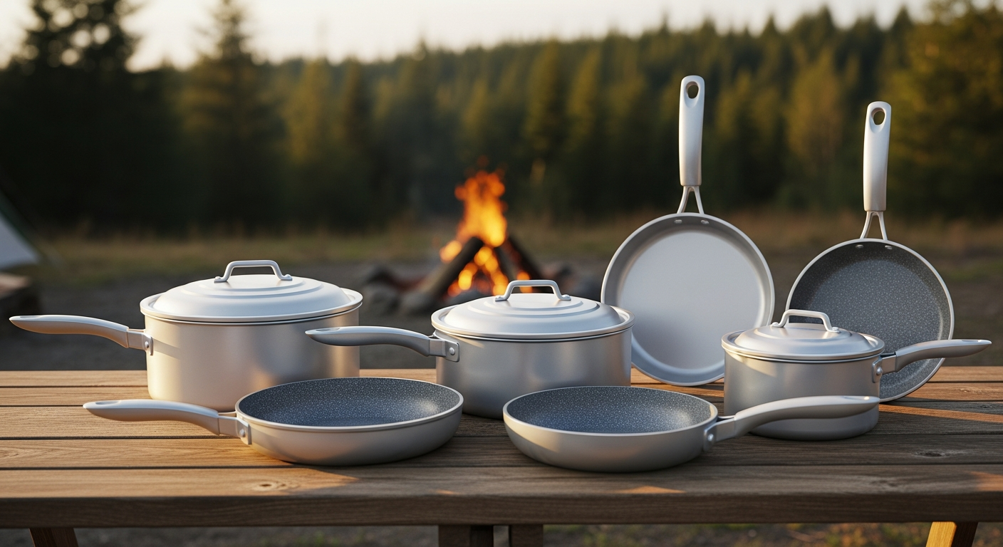 Berger Stone Rock Pasta Cookware Set aluminum pots with non-stick coating and integrated strainer for backcountry camping