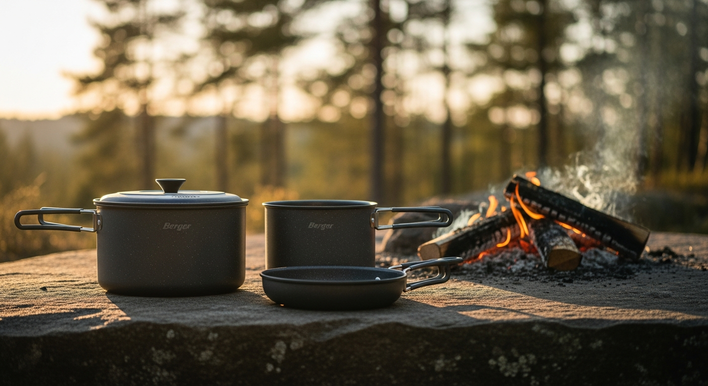 Berger Stone Rock 3-piece aluminum pot set with removable handles and glass lids displayed on camping stove