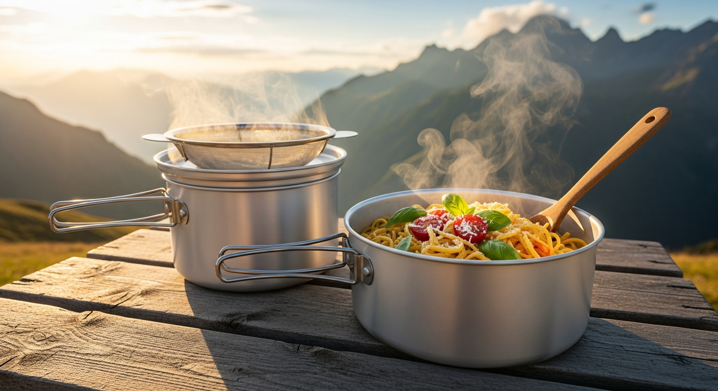 Berger Stone Rock Pasta Cookware Set displayed with pot, lid, and integrated strainer on camping stove