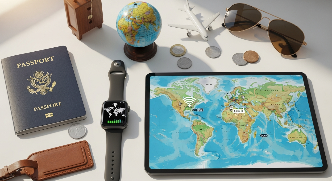Apple Watch and iPad displaying global connectivity with BetterRoaming eSIM interface on travel destination map